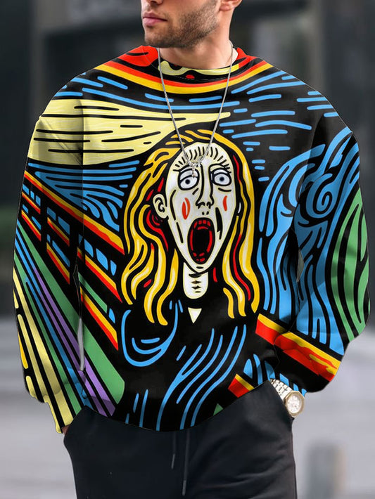 Men's Vintage Color Abstract Print Crew Neck Casual Sweatshit