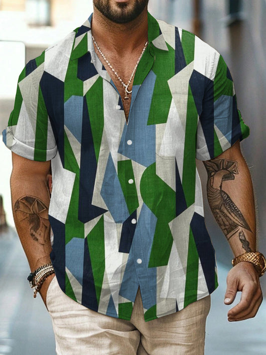 Color Geometry Printed Vintage Fashion Lapel Loose Short Sleeve Shirt