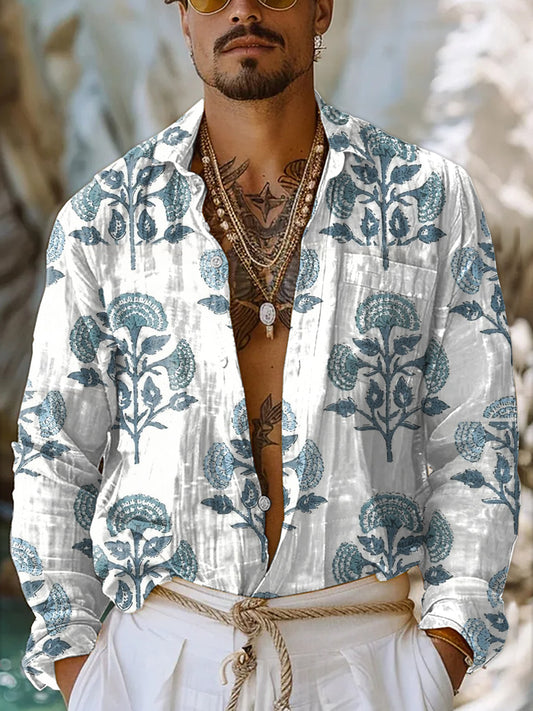 Retro Fashion Floral Art Print Casual Long Sleeve Shirt