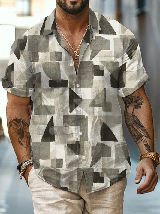Geometry Printed Vintage Fashion Lapel Loose Short Sleeve Shirt