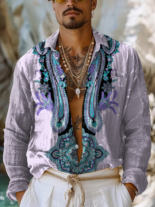 Retro Fashion Floral Art Print Casual Long Sleeve Shirt