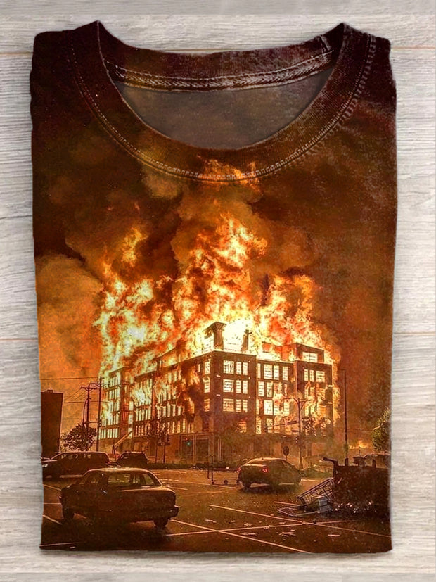 Unisex Forest Fire Illustration Printed Casual Cotton Short Sleeve T-Shirt