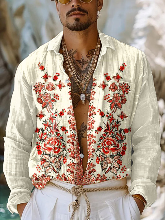 Retro Fashion Floral Art Print Casual Long Sleeve Shirt