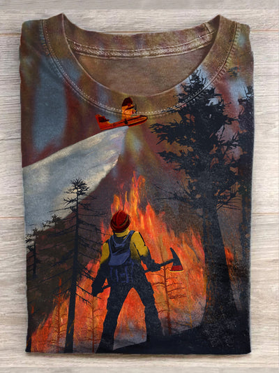 Unisex Forest Fire Illustration Printed Casual Cotton Short Sleeve T-Shirt
