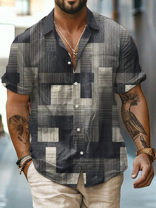 Geometry Printed Vintage Fashion Lapel Loose Short Sleeve Shirt