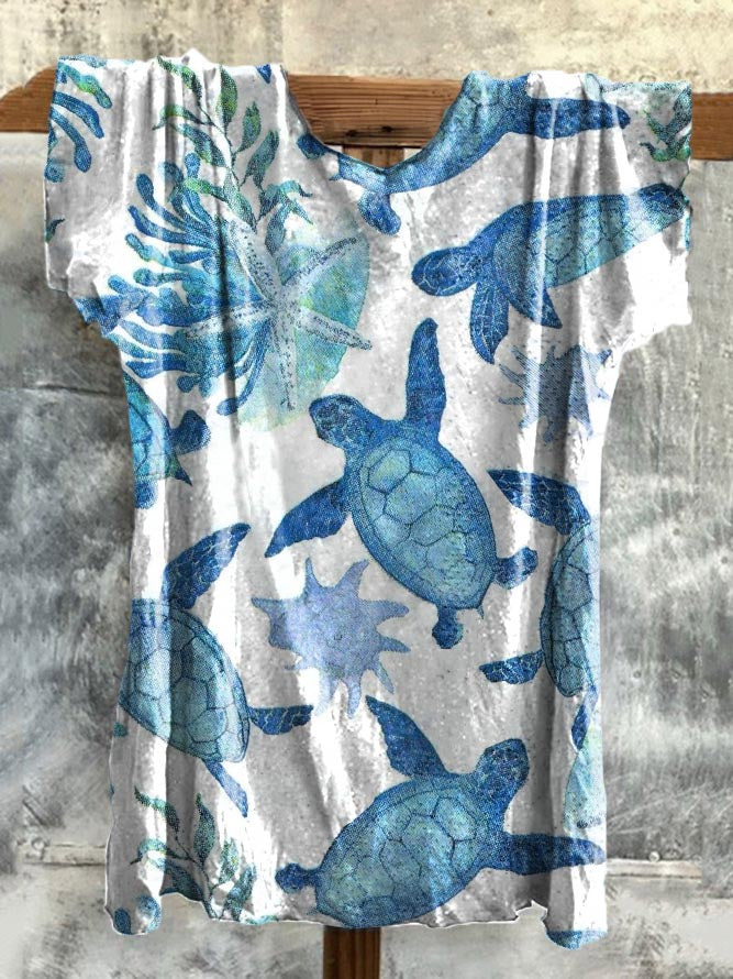 Retro Sea World Illustration Print Casual T-Shirt