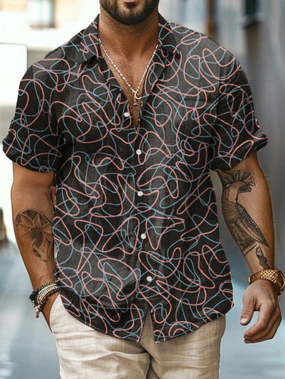 Curve Printed Vintage Fashion Lapel Loose Short Sleeve Shirt