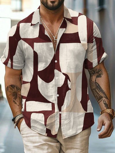 Geometric Printed Vintage Fashion Lapel Loose Short Sleeve Shirt