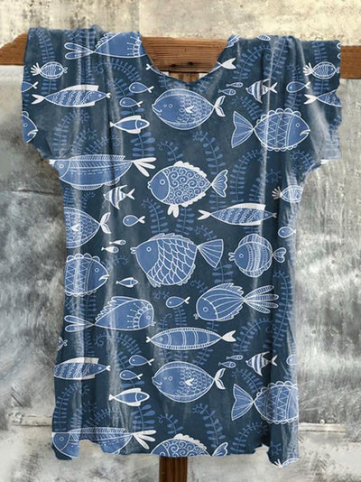 Retro Sea World Illustration Print Casual T-Shirt