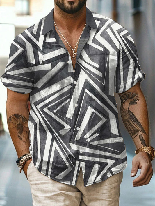Geometry Printed Vintage Fashion Lapel Loose Short Sleeve Shirt