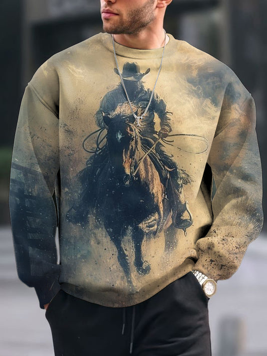 Men's Vintage Cowboy Print Crew Neck Casual Sweatshit