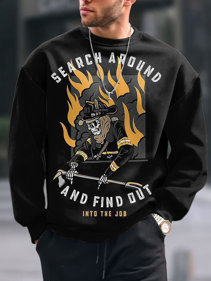 Men's Vintage Fire Skeleton Print Crew Neck Casual Sweatshit