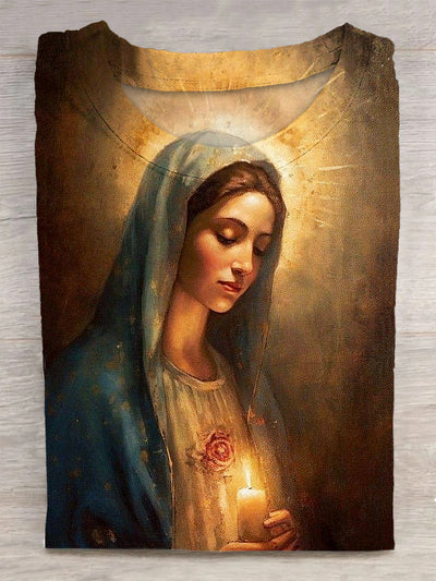 Unisex Devout Virgin Mary Printed Vintage Fashion Loose Short Sleeve T-Shirt