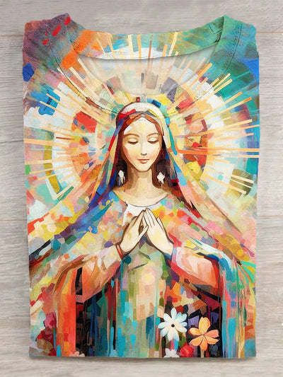 Unisex Colorful Virgin Mary Printed Vintage Fashion Loose Short Sleeve T-Shirt