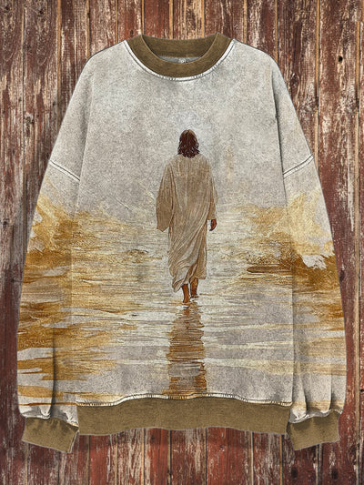 Unisex Back of Jesus Printed Crew-Neck Retro Fashion Loose Long Sleeved Sweatshirt