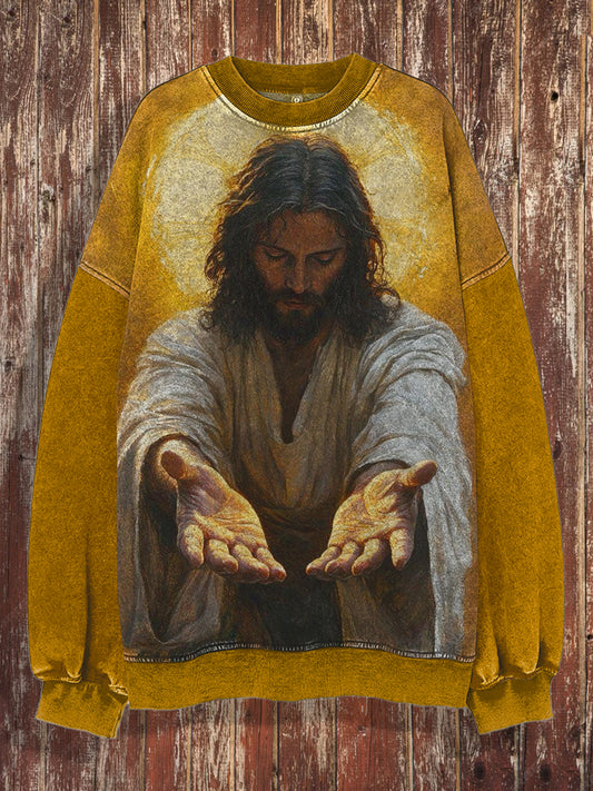 Unisex Jesus Printed Crew-Neck Retro Fashion Loose Long Sleeved Sweatshirt