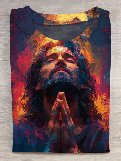 Unisex Colorful Jesus Printed Vintage Fashion Loose Short Sleeve T-Shirt