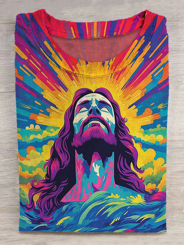 Unisex Colorful Jesus Printed Vintage Fashion Loose Short Sleeve T-Shirt