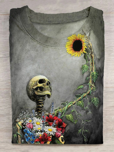 Unisex Skeleton And Sunflower Printed Vintage Fashion Loose Short Sleeve T-Shirt