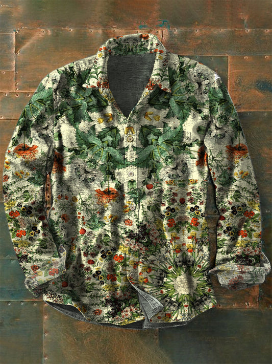 Retro Boho Floral Art Printed Western Vintage Unisex Casual Cotton Long Sleeve Shirt