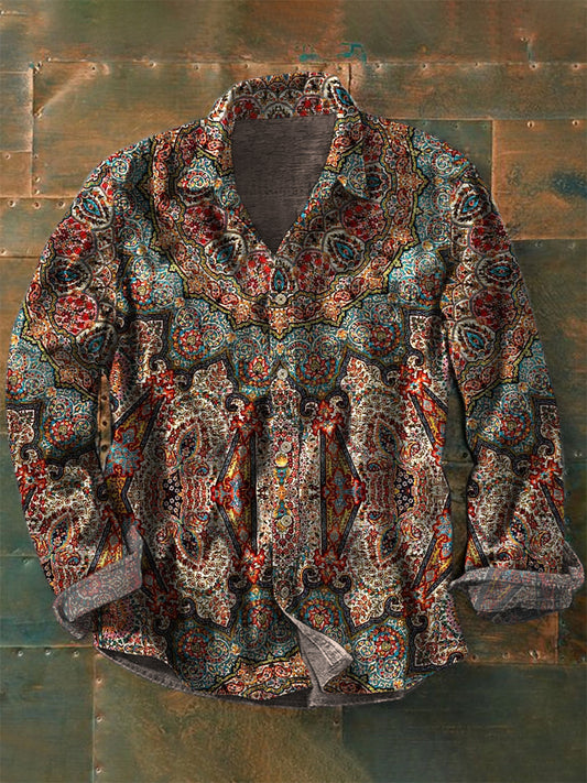 Retro Boho Floral Art Printed Western Vintage Unisex Casual Cotton Long Sleeve Shirt