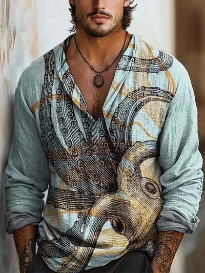 Retro Marine Life Art Printed Vintage Casual Lapel V-Neck Cotton Long Sleeve Shirt