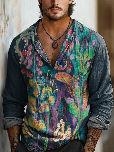 Retro Boho Floral Art Printed Vintage Casual Lapel V-Neck Cotton Long Sleeve Shirt