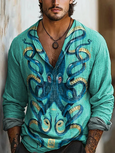 Retro Marine Life Art Printed Vintage Casual Lapel V-Neck Cotton Long Sleeve Shirt