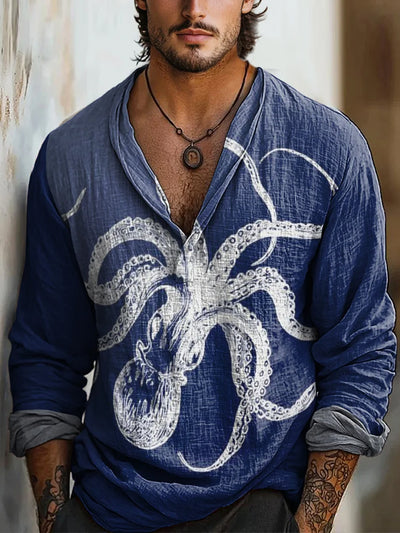 Retro Marine Life Art Printed Vintage Casual Lapel V-Neck Cotton Long Sleeve Shirt