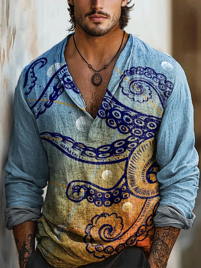 Retro Marine Life Art Printed Vintage Casual Lapel V-Neck Cotton Long Sleeve Shirt