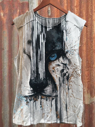 Unisex Retro Wolf Illustration Print Casual Tank Top