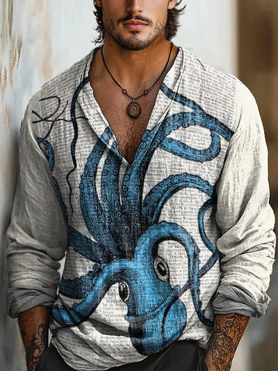 Retro Marine Life Art Printed Vintage Casual Lapel V-Neck Cotton Long Sleeve Shirt