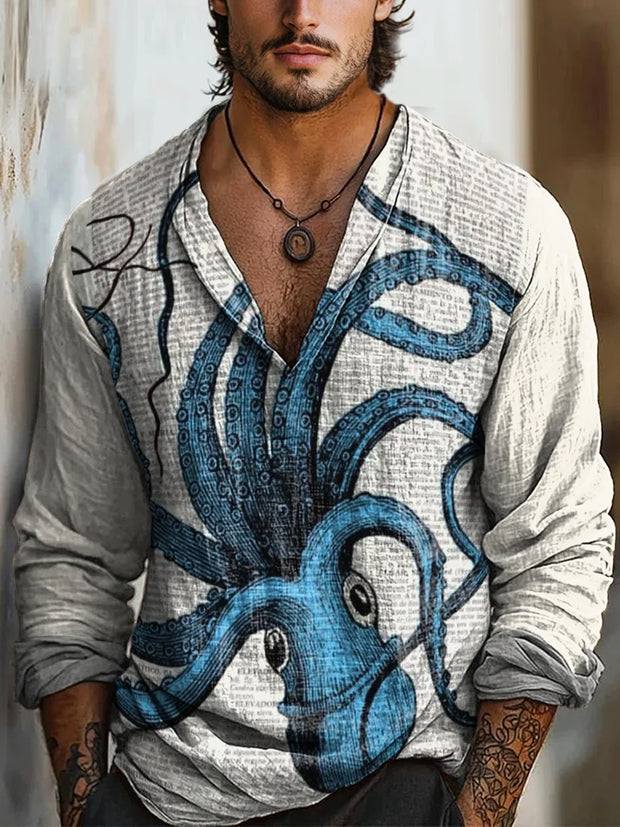Retro Marine Life Art Printed Vintage Casual Lapel V-Neck Cotton Long Sleeve Shirt