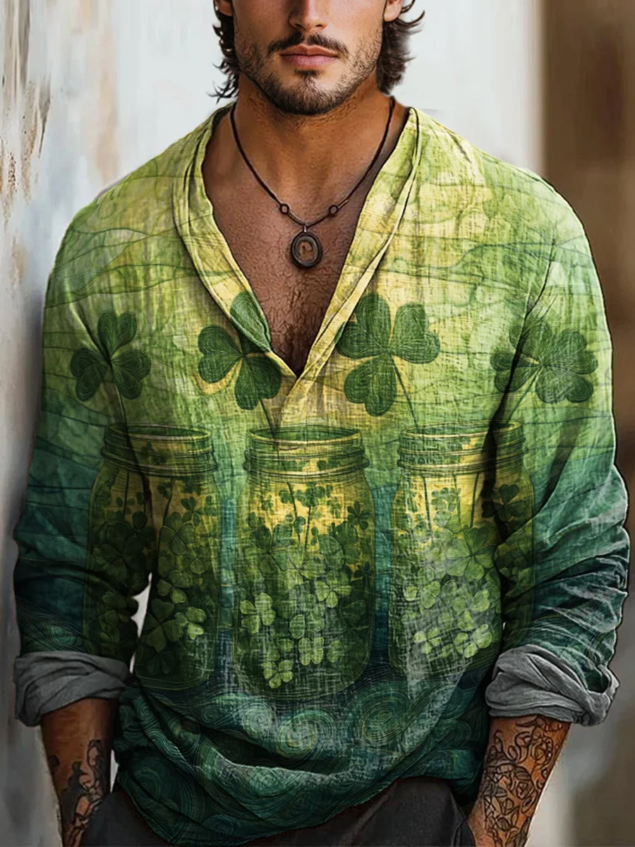 Retro Boho Floral Art Printed Vintage Casual Lapel V-Neck Cotton Long Sleeve Shirt