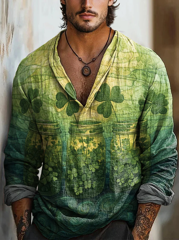 Retro Boho Floral Art Printed Vintage Casual Lapel V-Neck Cotton Long Sleeve Shirt
