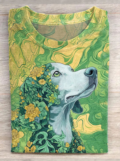 Unisex Floral Puppy Illustration Casual Short Sleeve T-Shirt