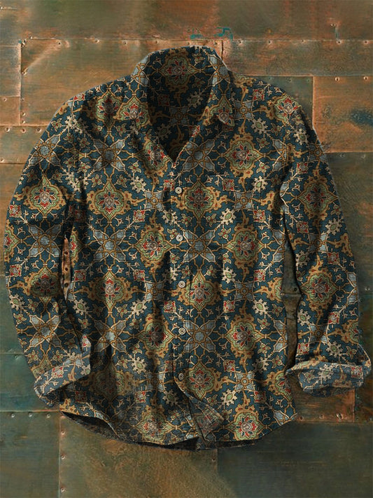 Retro Boho Floral Art Printed Western Vintage Unisex Casual Cotton Long Sleeve Shirt