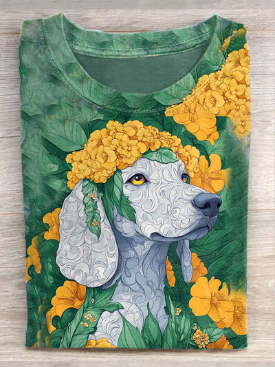 Unisex Floral Puppy Illustration Casual Short Sleeve T-Shirt