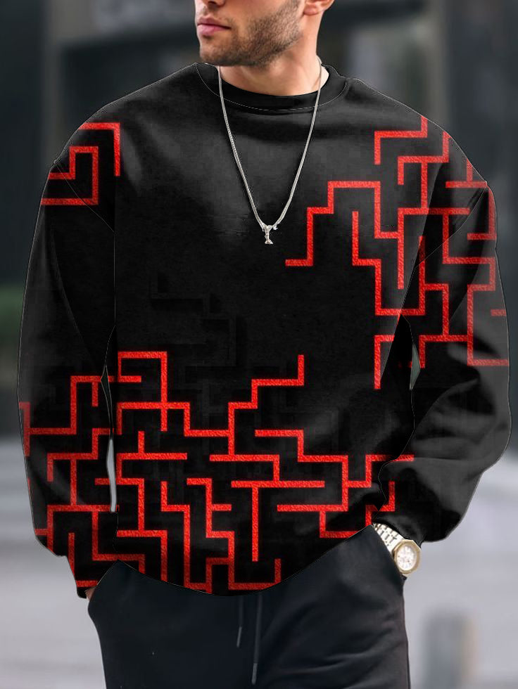 Men's Vintage Geometric Lines Print Crew Neck Casual Sweatshit
