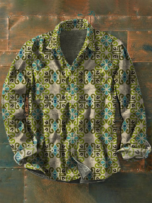 Retro Boho Floral Art Printed Western Vintage Unisex Casual Cotton Long Sleeve Shirt