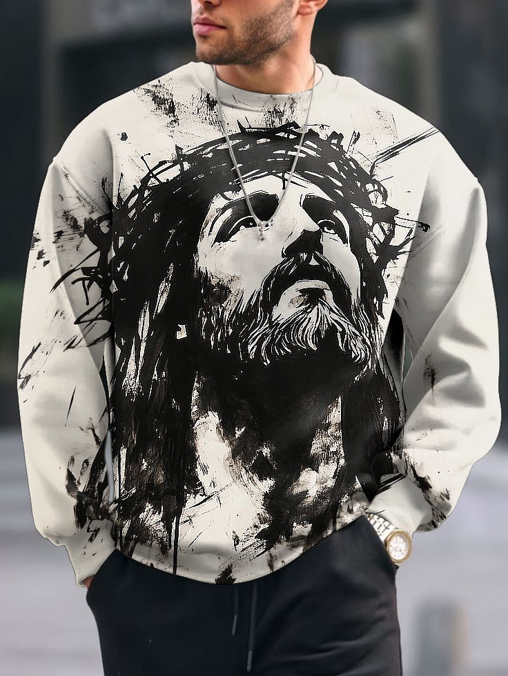 Men's Vintage Jesus Print Crew Neck Casual Sweatshit