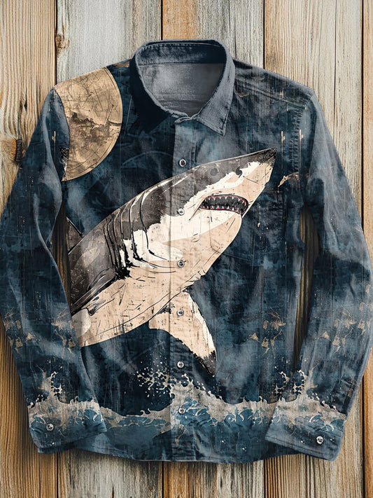 Fierce Shark Illustration Print Casual Long Sleeve Shirt