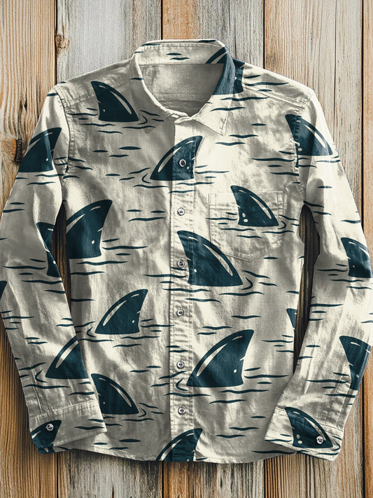 Fierce Shark Illustration Print Casual Long Sleeve Shirt