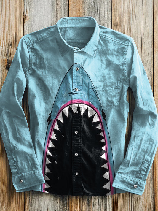Fierce Shark Illustration Print Casual Long Sleeve Shirt