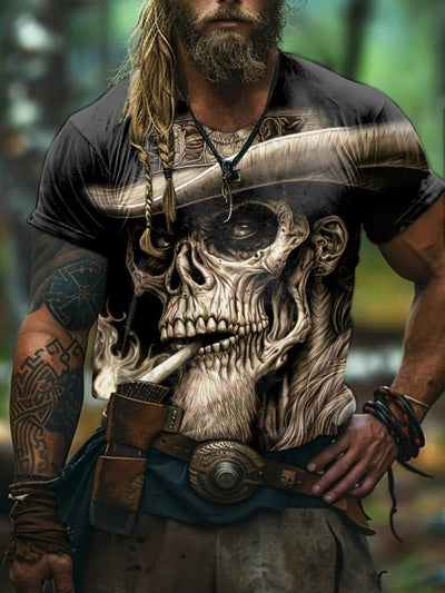 Retro Skull Illustration Print Casual Short Sleeve T-Shirt