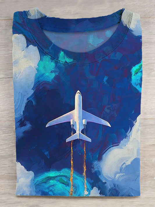 Aircraft Printed Vintage Fashion Loose Short Sleeve T-Shirt