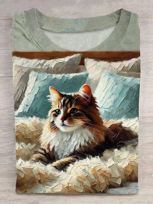 Cute Cat Printed Vintage Fashion Loose Short Sleeve T-Shirt