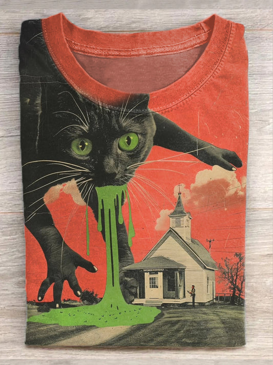 Retro Funny Cat Illustration Print Casual Short Sleeve T-Shirt