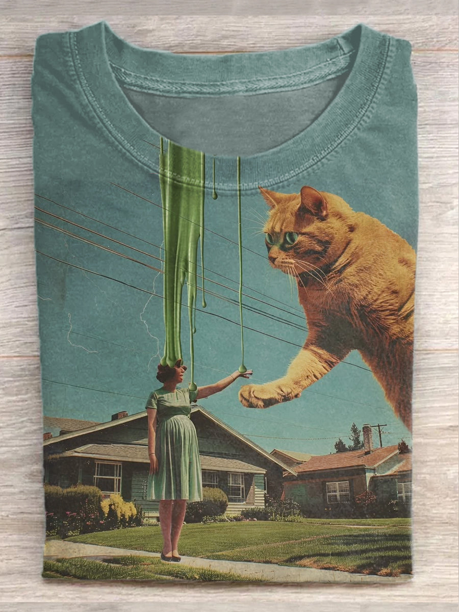 Retro Funny Cat Illustration Print Casual Short Sleeve T-Shirt
