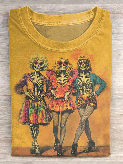 Retro Hippie Skull Illustration Print Casual Short Sleeve T-Shirt